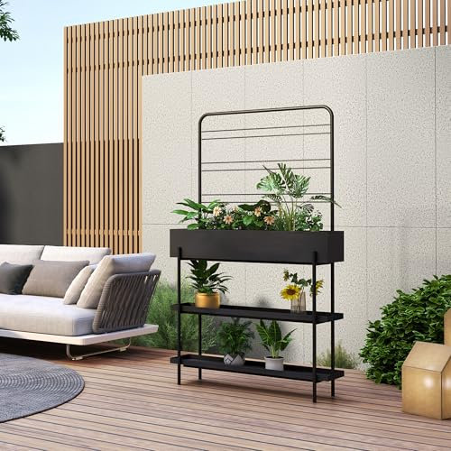 casa.pro Scaffale Portapiante Alto con Estensione Supporto Vasi Fioriera in Metallo Consolle Porta Fiori con 2 Ripiani Perforati e Contenitore 154 x 96 x 24 cm - Nero