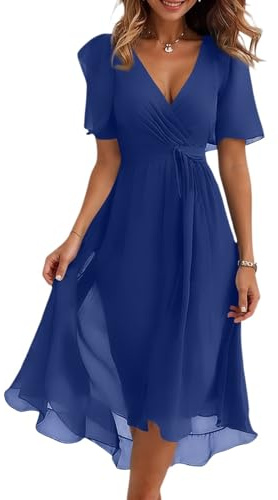 VLOYSR Women Dresses Tunique Robes Femmes D Été Basique Mariage Manches Longue Empire avec Ceinture Sexy Chiffon Col en V Ete Robe Cocktail Femme Imprimé Floraux Fête 01-Bleu XXL