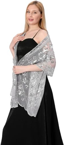 LumiSyne Mujer Chales y Envolturas Para Vestido De Noche Brillante Bordado De Lentejuelas Patrón De Flores Tul De Encaje Ligero Bufanda Elegante Estola Chales De Fiesta Para Novia Dama De Honor Boda