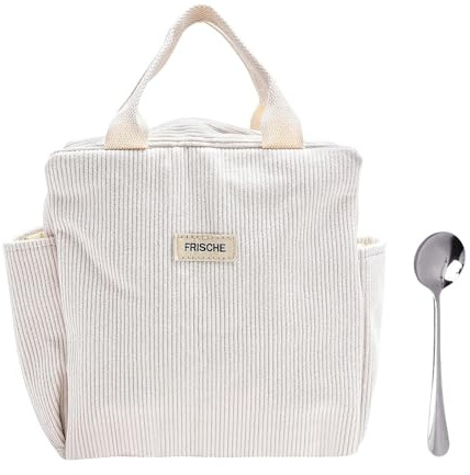 VOSSOT Borsa Termica, Contenitore Termico Riutilizzabile, Borsa Porta Pranzo da 12 Litri Leggera E Capiente per Picnic, Scuola, Lavoro, con Cucchiaio (Velluto A Coste Beige)