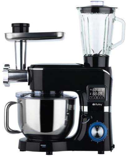 RUHHY - Robot de cocina con tazón de mezcla calefactable de 6,2 l y batidora – Batidora planetaria 2000 W con báscula, 6 velocidades y pantalla táctil – Amasadora de masa para pan, pizza, pasteles