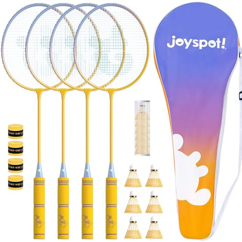 Adult Badminton Rackets Set of 4 for Outdoor Backyard Games,Including 4 Rackets, 6 Nylon Shuttlecocks, 4 Replacement Grip Tapes and 1 Carrying Bag
