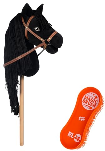 RL24 - Hobby Horse Pferde Mini von HKM Kids inkl. MagicBrush Edition – Steckenpferd – Spielpferd mit Holzstock, Mähne & Trense – Stockpferd ohne Griffe & Rollen – schwarz (Donner)