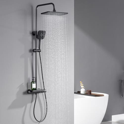 Auralum Duschsystem mit Thermostat und Glasablage, Duscharmatur Komplettset mit 12 Zoll Regendusche Kopfbrause, 3 Strahlarten Duschkopf Wassersparend, Höhenverstellbare Duschstange, Eckig, Schwarz