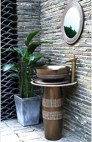 LQAIomn Kaolin Clay Freestanding Pedestal Sink, Handcrafted Art Ceramic Wash Basin, Elegant Pedestal Bathroom Sink for Home Or Hotel, Round Vanity Sink Ideal (with Mirror)