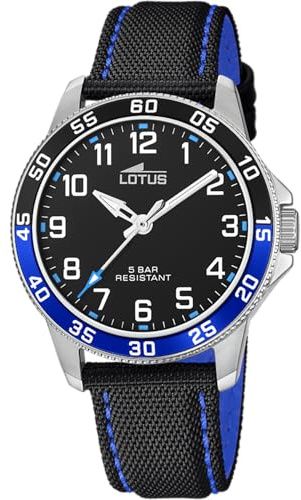 LOTUS Reloj Niño Analógico de Acero Inoxidable y Cuero Negro