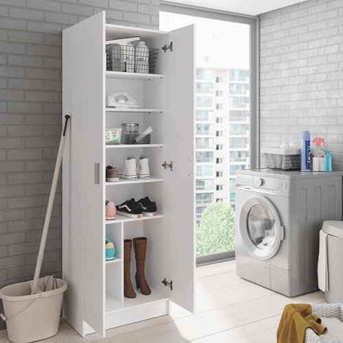 Dmora - Armadio multiuso 2 ante Portsmouth, Mobile ausiliario, Guardaroba porta scarpe moderno, Scarpiera verticale, 59x37h180 cm, Bianco
