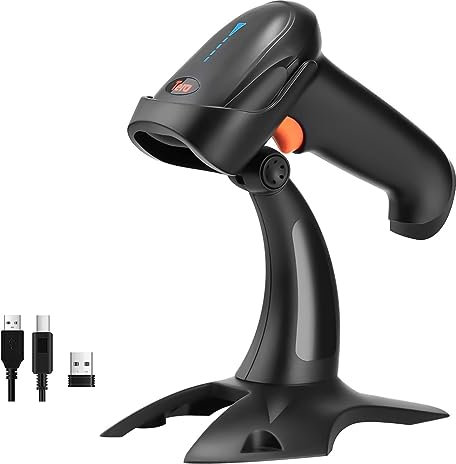 Tera Barcode Scanner Kabellos 1D 2D QRmit Ständer: Batteriestandsanzeige 3-in-1 mit Bluetooth, 2,4G drahtlosem USB und kabelgebundenem Hand-Barcodeleser mit Vibrationsalarm, Modell HW0002 Schwarz