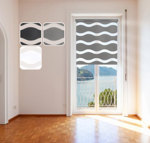 Doppelrollo Wave, Grau 50x150cm Duo-Rollo Klemm-Fix mit Klemmträger, Fenster-Rollo/Seitenzug-Rollo ohne Bohren