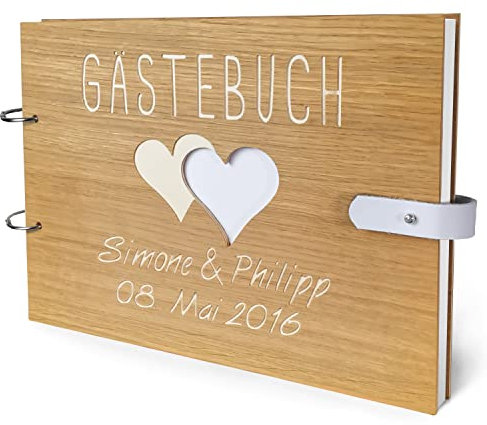 Gästebuch zur Hochzeit aus Holz - Eiche | individuelle Gravur | DIN A4-120 Seiten - 310 x 230 mm | handgearbeitet mit Lederverschluss