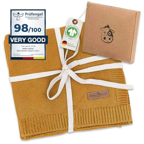 Minky Mooh Manta para bebé de algodón 100% orgánico, Oeko-Tex 100, acogedora, Manta de Punto, Manta para Gatear y Manta para niños y niñas, Regalo de Nacimiento - 94x72 cm, Amarillo