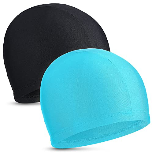 2 Pezzi Cuffie da Nuoto Elastiche Comodo Cappello da Nuoto in Tessuto Cuffie da Bagno Leggere per Donne Uomini Bambini Mentre Nuotano (Nero, Blu Lago)