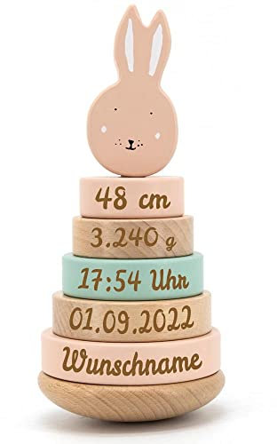 Elefantasie Personalisierter Stapelturm aus Holz von Trixie mit Namen und Geburtsdaten graviert Geburtsgeschenk HASE