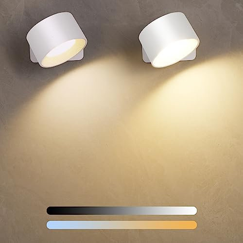 Diealles Shine Vägglampa för inomhusbruk, uppladdningsbar vägglampa med tre ljusstyrkor och tre färger, 360° vridbar vägglampa för sovrum, kök, badrum, vardagsrum, 2-pack, vit