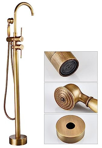 SWHC Robinet de Baignoire Ilot, 2 Modes Mitigeur de Baignoire Ilot avec Douchette, Rotation à 360° Robinet de Baignoire sur Pied en Laiton, Millésime Autoportant Robinet Salle Bain