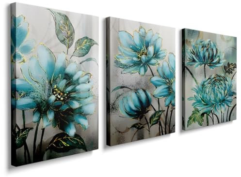 Canvas Photo Framed 3 Panels Blue Flower Modern Wall Art Floral Pictures Prints for Bedroom Office Home Decorations Poster, YH086