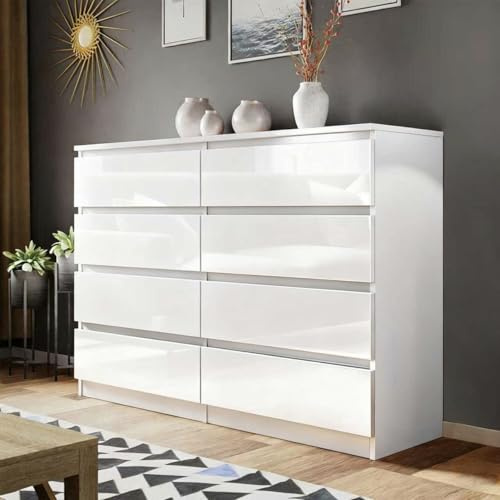 LSLIFE White Chest of Drawers 8 Drawer Dresser Storage Cabinet High Gloss Bedside Table Cabinet for Bedroom Living Room Office 108 (L) x 97(H) cm (White-8 Drawer Cabinet)