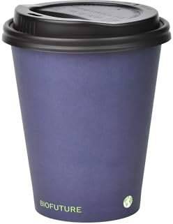 BIOFUTURE Tazas de café biodegradables, 50 x 6 onzas, 16 onzas (170 ml, 450 ml), vasos de papel desechables con tapas, ecológicos y 100 % compostables, ideales para té, café y bebidas calientes (azul