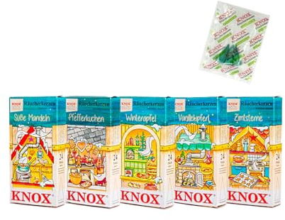 KNOX Coni di incenso di Natale – Set di 5 coni di incenso – Profumi: stelle di cannella, cipolla alla vaniglia, mela invernale, torte al pepe e mandorle dolci, quantità: 120 pezzi – Made in Germany