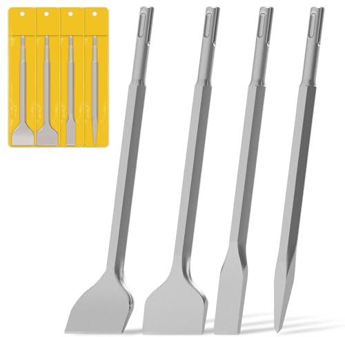 ROELLY Juego de Cincel SDS Plus, Juego de 4 Unidades, 250 mm, Juego de Cinceles (Incluye 1x Cincel Plano, 1x Cincel para Azulejos, 1x Cincel Biselado para Azulejos, 1x Cincel Puntiagudo),para Hormigón