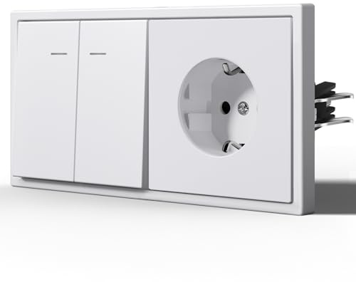 BSEED Interruptor Conmutador y Enchufe,Mate Basculante con Garfio,Botón Pulsador con Pilotitos LED,Fácil Instalación,C-Series,2 Gang 2 Vía Con Enchufe,150mm Blanco