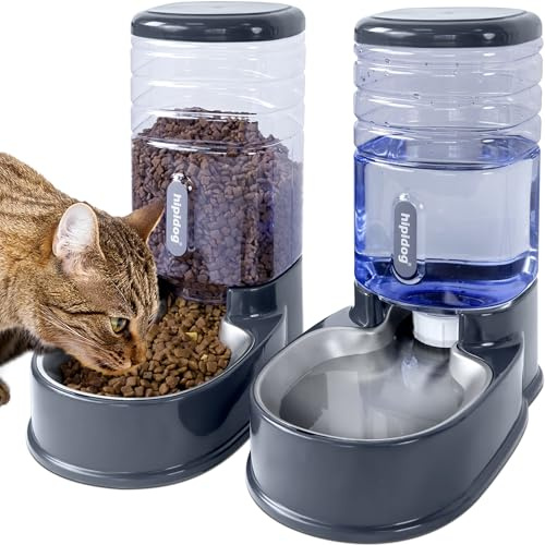 Comedero y Bebedero automático para Gatos con Cuenco de Acero Inoxidable Comedero y Bebedero por Gravedad para Mascotas pequeñas y Medianas Cachorro Gatito 1 galón x 2