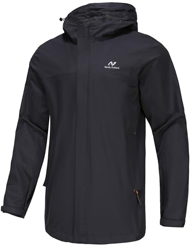 NORDIC OUTLAND Mens Ultra Lightweight Hooded Waterproof Rain Jacket Breathable Raincoat Shell for Hiking fishing walking dogs (US, Alpha, XX-Large, Regular, Regular, Dark Grey)