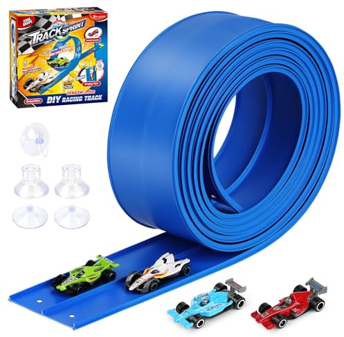 Rennbahn Kinder 3 4 5 6 Jahre, 3.9M Flexible Autorennbahn Rennstrecke Auto Spielzeug Autobahn Inklusive 4 Spielzeugauto, Geburtstag Weihnachten Kindergeschenkeab 3-8 Jahre, Blau