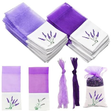 COYUN 40 Sacchetti di Lavanda Vuoti Viola, Bustine di Organza, Sacchetto con Cordoncino, Profumati per Armadio, Sacchetti Organza per Spezie Erbe