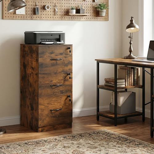 buybyroom 3 Drawer Filing Cabinet, Lockable File Cabinet, Wooden Storage Drawers Office Cupboard Printer Stand Fits A4 Letter Size Hanging Files For Home Office, Anti-Tip Design, Rustic Brown