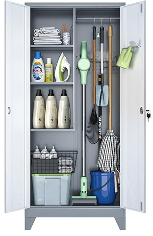 CBNTKI 61 Broom Storage Cabinet, Cleaning Tool Storage Cabinet, Garage Utility Storage, Metal Broom Closet for Home, Garage, Utility Room, Hanging Rod (Gray White, Door-2)
