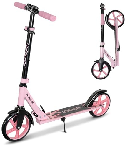 Nattork Scooter for Kids 8-12, Teens and Adults- Adjustable Height Folding Kick Scooter with Large Sturdy Wheels for Smooth Ride, Lightweight, Anti-Shock Suspension, Scooter for Boys and Girls-Pink