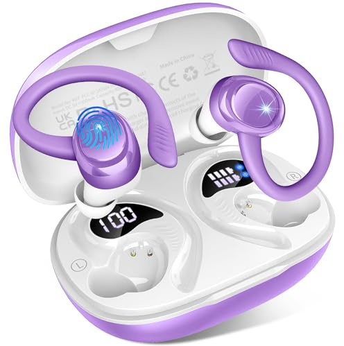 Auriculares Inalámbricos Bluetooth Deportivos, 2026 Auriculares Bluetooth 5.4 con 4 Mics, HiFi Estéreo, 50H Cascos Inalambricos con Cancelación de RuidoI,Cascos Bluetooth IP7 Impermeable/USB-C/Púrpura