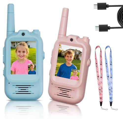 Video Walkie Talkies for Kids Rechargeable, 2 Pack Camera with Screen, Long Range Voice Changer Intercom Toys for Boys Girls 3-12, Outdoor Camping Hiking Christmas Birthday Gifts (Blue+Pink)