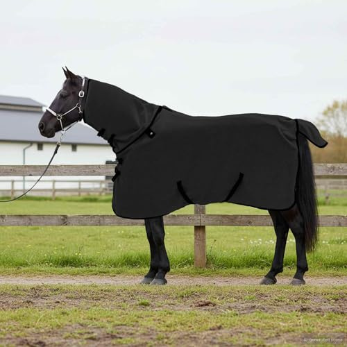 QUAHEAS Coperta per cavalli nera in poliestere, 105 cm, traspirante, impermeabile, antistrappo, con collo e bavaglino per pascolo, stalla e all'aperto, ideale per inverno, mezza stagione ed estate