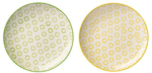 Bloomingville Teller Isabella Retro Dessertteller Frühstücksteller Vintage Kuchenteller rund ø 20 cm, grün gelb, Keramik, 2er Set
