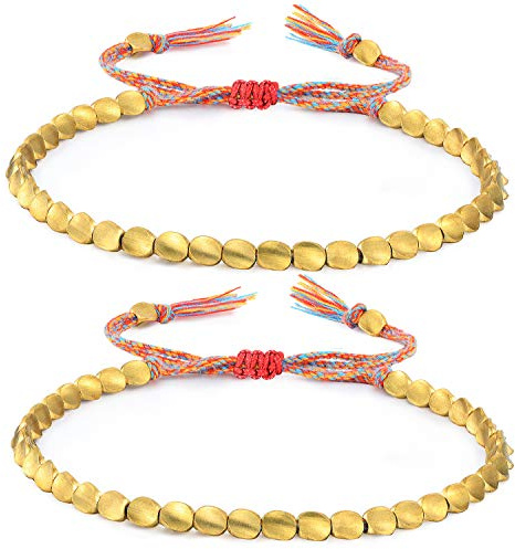 2 Stück tibetische Kupferperlen-Armbänder, handgefertigt, geflochtene Armbänder, verstellbar, buntes Perlenarmband (dreiseitiger Perlenstil), 16-26 cm / 6.3-10.2 inches, Kupferperlen und Faden