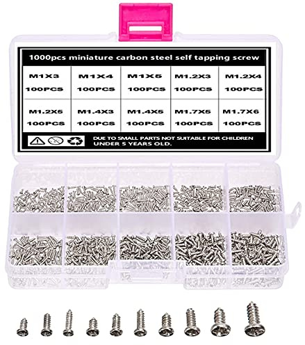 TAIANJI 1000 Pcs Micro Screws Set M1 M1.2 M1.4 M1.7 Screws Mini Round Philips Head Screws Kit Small Self Tapping Screws for Glasses, Watches, Phones, Cameras, Laptops etc(Silver, 10 Sizes)