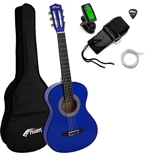 TIGER CLG4-BLTU Guitarra clásica para niños - Pack de guitarra española de tamaño 3/4 Afinador, estuche, púas y cuerdas de repuesto - Pack de guitarra escolar para principiantes - Azul