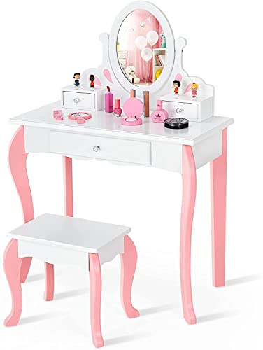 HONEY JOY Kids Vanity and Stool Set, Toddlers Pretend Play Vanity Set with 3 Drawers, 360° Rotating Oval Mirror, Wooden Girls Makeup Dressing Table for Bedroom Playroom, Gift for Little Girls (White)