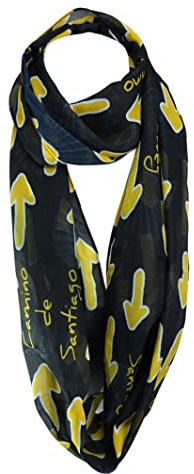 TigerTie Chiffon Loop Schal in gelb schwarz weiss mit Schriftzug Camino de Santiago, Jakobsweg und gelbe aufgedruckte Pfeile gemustert - Gr. 160 x 50 cm