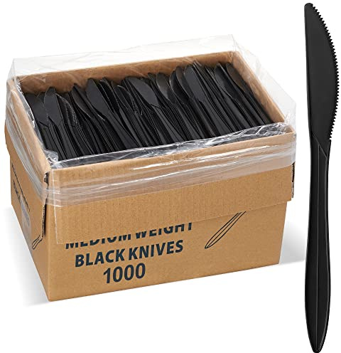 ELEGANT DISPOSABLES 1,000 Plastic Disposable Knives Bulk Black Medium Weight Disposable Silverware Plastic Cutlery Knife