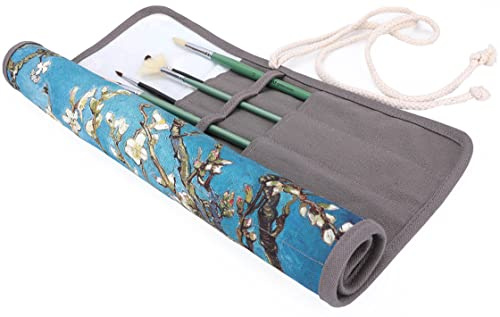Amoyie Paintbrush Roll Up Case, Artist Brush Holder, Art Pen Carrier | Apricot Flower, 20 Slots for 40 Brushes, Canvas Storage Bag for Acrylic, Oil, Watercolour Paintbrush, Foldable Pouch, Sketch