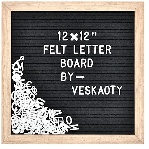 Felt Letter Board with 460 Letters, Numbers & Symbols - 12 x 12 inch Changeable Message Board with Wooden Frame Wall Mount Hook (Black)