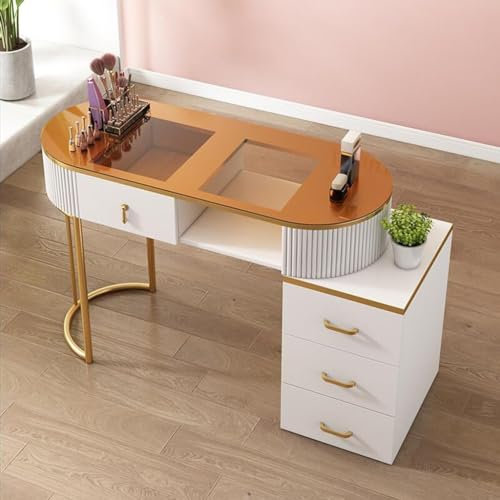 WENNEWU Nagelschreibtisch FüR Nail Tech, ManiküRetisch Mit Metallgestell, Glasplatte-SchöNheitssalon-Nageltisch, Nagelstudio-Station, Beauty-Aufbewahrungsorganisator,Weiß,120cm