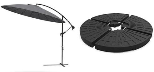 vounot Parasol Déporté de Jardin Shanghai 3M avec Manivelle Anti-Retour 18 Baleines & Dalle Lestage pour Parasols Base de Parasol en HDPE 4pcs à Remplir Protection UV Dalle