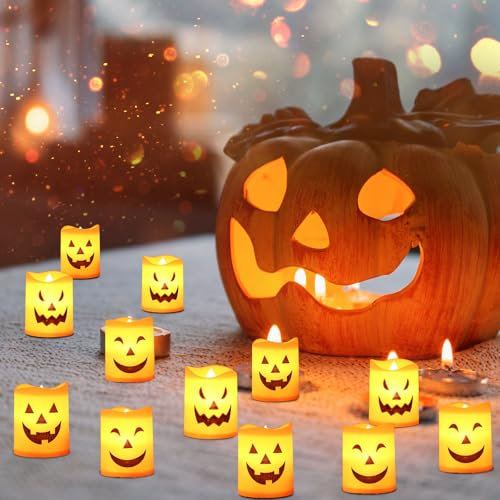 12 Candele LED di Halloween,Lanterne Halloween Decorazioni Tavola con Espressione Strana,Decorazioni Halloween Giardino,Halloween Zucca Luminosa,Candele Halloween di Cera Senza Fiamma (luce calda)