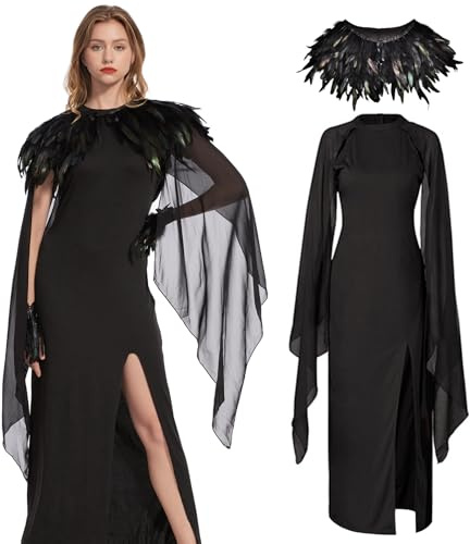 Aragallant Vestido Maléfica Mujer, Disfraz Reina Malvada, Vestido Gótico Negro con Manto de Plumas y Brazalete de Plumas, Ropa Medieval para Mujer Halloween Carnaval Cosplay (L)