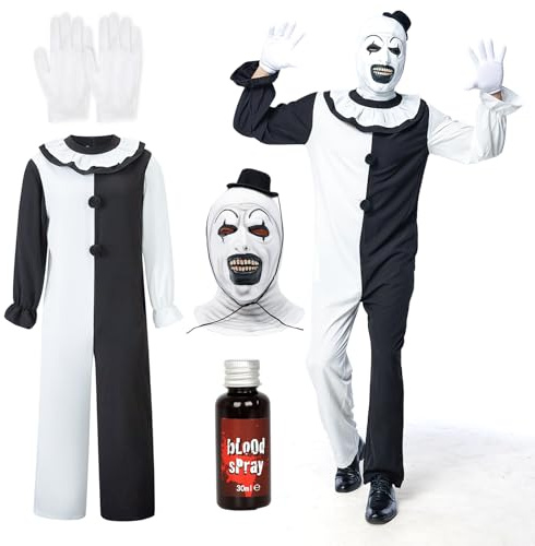 IEEILULU Costume Horror Uomo, Halloween Clown Terrificante Set di Tute Art The Clown Con Tuta Bianca Nera e Maschera Cappello Terrifier per Halloween Carnevale (M)