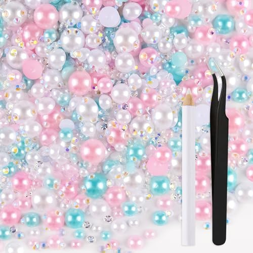 ASTARON 50g Mezcla de diamantes de imitación con reverso plano Medias perlas para manualidades Tamaño mixto 3 mm-10 mm, Perlas con reverso plano para vasos de bricolaje Tazas (Rosa Azul Blanco)